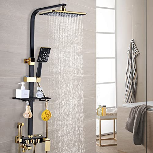 Set doccia a pioggia, in oro nero, colonna doccia, miscelatore, con doccetta, regolabile in altezza 75-120 cm.