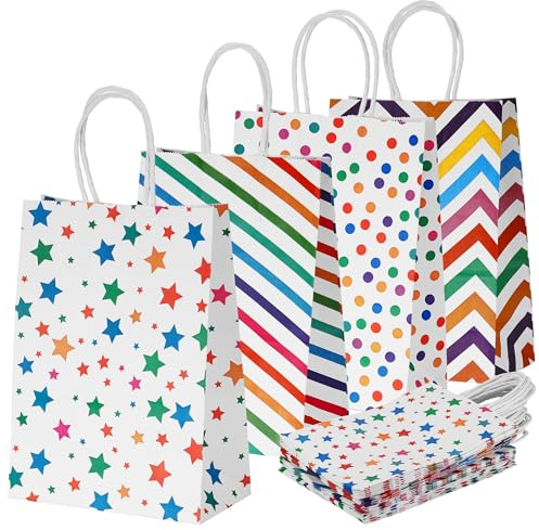 JIANTA 20 Bolsas de Papel colores 15 x 8 x 21 cm, bolsas de papel con Asas, bolsas de papel kraft colores con 4 coloridos motivos para Embalaje de Regalo Fiestas de Cumpleaños, Compras, Bodas, Navidad