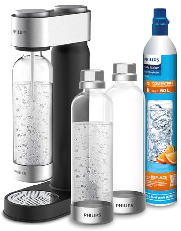 Philips ADD4902BKA/10 GoZero Machine à gazéifier 3 bouteilles d'eau en plastique sans BPA de 1 l, 1 cylindre de CO2 pour jusqu'à 60 l d'eau gazeuse, noir