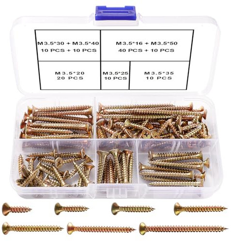 VooGenzek 110 Pièces M3.5 Kit de Vis à Bois À Filetage Épais, Vis Cruciformes, Vis Autotaraudeuses, pour Cloisons SèChes, Meubles En Bois, Jaune