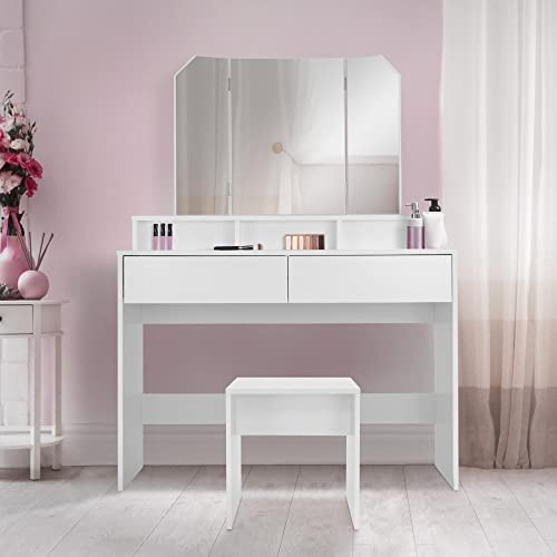 ML-Design Schminktisch mit Hocker, Frisiertisch mit 3-TLG. Klappspiegel und 2 Schubladen, 100x40x140 cm, Weiß, Moderne Kosmetiktisch mit 3 offenen Fächern, Frisierkommode Schminkkommode Make-up Tisch