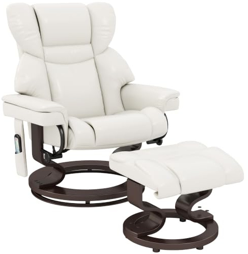 HOMCOM Relaxsessel mit Hocker, Massagefunktion, Liegefunktion, Cremeweiß | Mit Massage, Liegefunktion, Drehbar, Massagesessel mit Seitentasche, Liegesessel, Kunstleder für Wohnzimmer