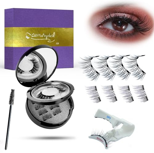Faux Cils Magnétiques Naturels – Sans Colle, Set de 3 Paires (1 Plein + 2 Demi Faux Cils) Réutilisables & Étanches avec Applicateur & Coffret Cadeau, Design 4 Aimants Amélioré – Chlffua