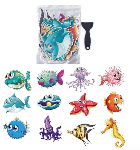 Zilimontt Rutschfeste PEVA Cartoon Marine Life Bad Aufkleber Set von 12 mit Schaber für Kinder Badewanne Sicherheit Wasserdicht Anti-Rutsch Dekorative Badezimmer Fliesen Aufkleber Lustige Dusche Dekor