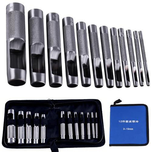 TIOMIOSEA 12-pack hålslagare set 3–19 mm hålstansning runt läder stansverktyg set för läder, textilier, papper, klockarmband, tätningsbälte, sko, tyg, canvaskläder, ögla (1/8 tum – 3/4 tum)