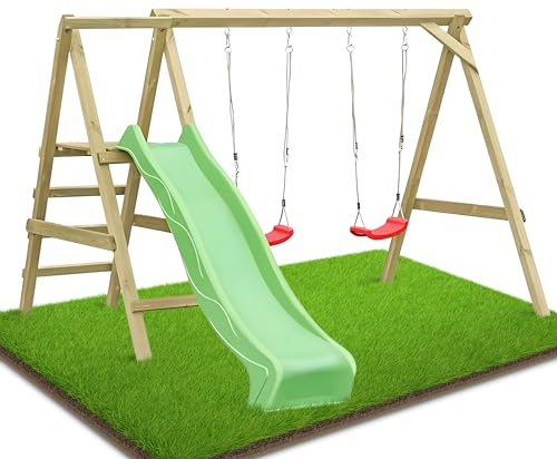 Gartenpirat Premium Schaukelgestell Typ 4.2 mit Rutsche apfelgrün Zwei Schaukelsitze Kletterleiter - 303 x 180 x 200 cm - Doppelschaukel aus Holz - TÜV geprüft