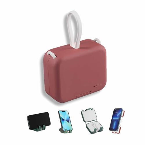 KhUkhu Mini Power Bank E Supporto per Telefono, Mini Power Bank da 4000 mAh con Doppio Cavo Integrato, Grazioso Power Bank con Cavo Integrato, Supporto Portatile per Telefono Cellulare,Rosso