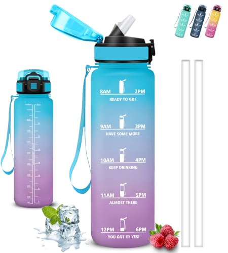 Borraccia 1 litro, Borraccia con Cannuccia, Senza Perdite, Borraccie Motivazionale, Facile da Pulire, Borraccie con Orari per Bere, Bottiglie Acqua Con Slogan Motivazionale, per Fitness, Campeggio