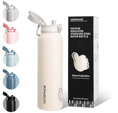 UZSPACE Edelstahl Trinkflasche 1L(970ml), Sport Trinkflasche Auslaufsicher | Isolierte Doppelwandige Sportflasche, Ein-Hand-Öffnung, Wasserflasche für Wandern Fitness Gym Outdoor Arbeit, Frostweiß
