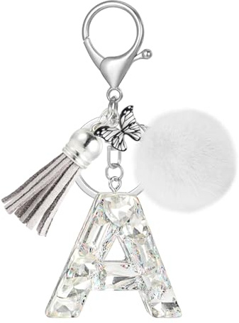JSRQT Schlüsselanhänger Buchstaben Bling, Glitzernde Strass Alphabet Schlüsselanhänger für Auto Frauen, Schmetterlings Quasten Poms Anhänger, Mädchen Taschenanhänger