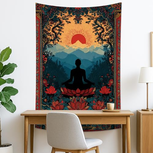 Tapiz rojo con diseño de puesta de sol de Buda, flores de lirio de agua, bohemio, decorativo, para colgar en la pared, tapices espirituales estéticos para sala de estar, dormitorio, meditación, 40 x