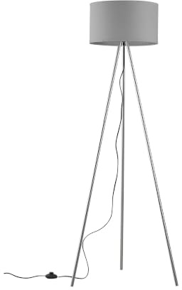 Braytron Stehleuchte – 3-Bein Standleuchte mit Satiniertem, Lichtstreuendem Kunststoffschirm & Chrombeinen, E27 Fassung, Ein/Aus-Schalter am Kabel, 155 cm Hoch für Wohnzimmer & Schlafzimmer, Grau