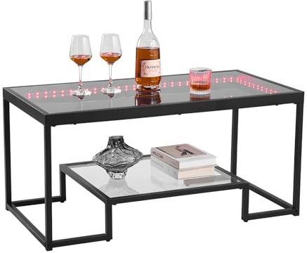 VEVOR Couchtisch Beistelltisch aus gehärtetem Glas mit Beleuchtung, rechteckiger Glastisch mit Zwei Ebenen & offenem Stauraum, Kaffeetisch aus Metall für Wohnzimmer Büro 100 x 51 x 48 cm Schwarz