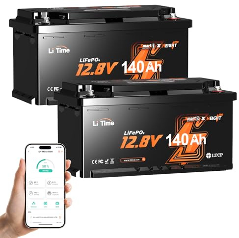 LiTime LiFePO4 12V 140Ah H190 Bluetooth Lithium Batterie für Wohnmobil | 2 Pack, DIN H8 L5, Upgrade 150A BMS, 4000+ Tiefzyklen, Untertemperaturschutz, IP65, 1792Wh, für Wohnwagen, Boot, Off-Grid