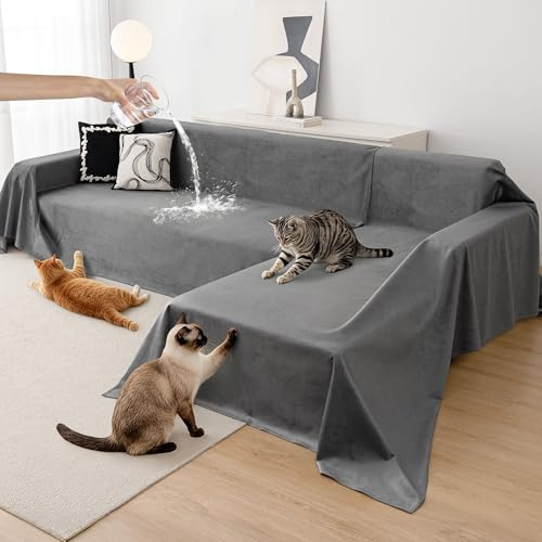 Loiion L-Form Sofaschutz Katze, Ecksofa-Überwurf Kratzschutz, Dunkelgrau | Wasserdichter Sofabezug 2-teilig für Haustiere, Weicher Rutschfester L-Sofa und Ecksofa Schutz, 180x260+180x280cm