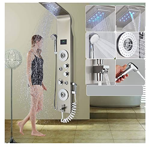 Columna de Ducha, Panel de ducha LED negro Seis funciones Cascada Panel de ducha Grifo de baño Baño SPA Masaje Jet Bañera Mezclador Pulverizador de masaje(8006 Brushed Niclel)