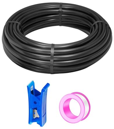HUAZIZ 10 m svart PU pneumatisk slang, pneumatisk polyuretanslang, flexibel tryckluftsslang, yttre 14 mm x inre 10 mm + 1 st blå slangskärare + 1 st rosa teflonband