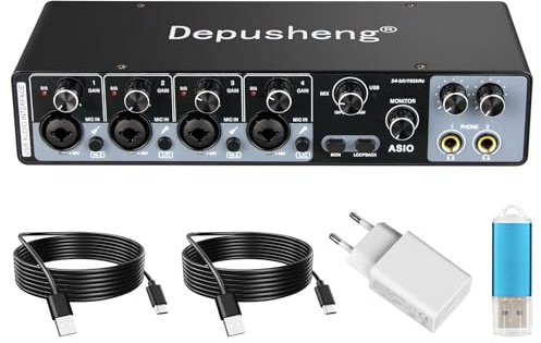 Depusheng USB Audio Interface with ASIO Drivers, 24Bit 192Khz, Phantom Power +48v, Low Latency for Home Studio Recording, PC/MAC Compatible (4 Channel)
