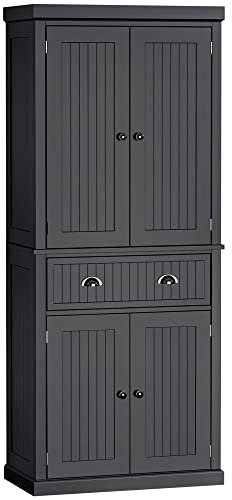 HOMCOM 183cm Freestanding Kitchen Cupboard, Tall Storage Cabinet with 4 Doors and 3 Adjustable Shelves, Traditional Kitchen Pantry Cupboard for Dining Room, Black