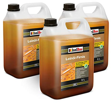 Isolbau Huile de lin - 3 x 5 litres - Protection du bois pour l'extérieur et l'intérieur - Résistant aux intempéries - Double huile pour bois bouillie comme protection