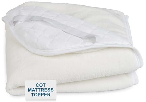 Cot Mattress Topper Protector in Cosy Fleece for Extra Comfort and Warmth - 120 x 60 cm - Reverse Side in Quality Quilting with Corner Straps - Made in Portugal Beige