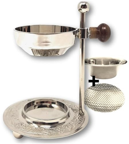 Weihrauchbrenner verstellbar - Räuchergefäß höhenverstellbar zum Räuchern von Weihrauch oder Harzen mit Rächuersieb und Schale (Silber Nickel)