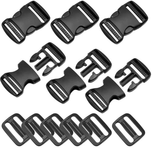 6 Set 25mm/1inch Buckles Clips and Tri-Glide Slides, Flat Side Release Buckles - Heavy Duty Clip for Backpack, Luggage Fastening Strap, Pet Collar Making and More