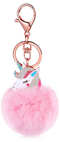 VALICLUD Flauschiger Einhorn Schlüsselanhänger Mit Weichem Rex Kaninchenfell Pom Pom Schlüsselbund Für Damen Mädchen Tasche Auto Dekoration 4.92X2.36X2.36In