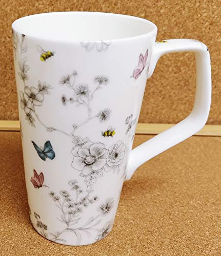 Secret Garden 20oz Mug Fine Bone China Large Jumbo 1 Pint Flowers Butterflies Bees Latte Coffee Tea Cup Hand Decorated UK