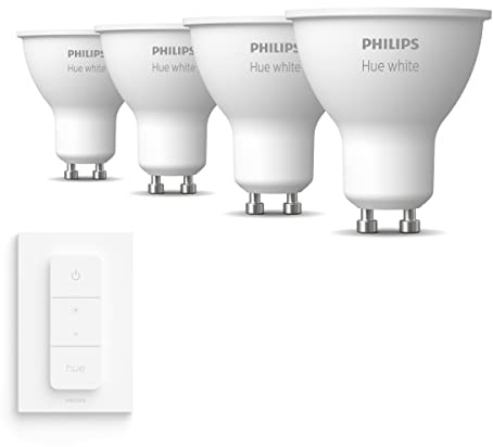 Philips Hue Vorteilspaket - GU10 - mit 4 Spots - Warmweißes Licht - inkl. 1 Hue Dimmschalter - Hue White