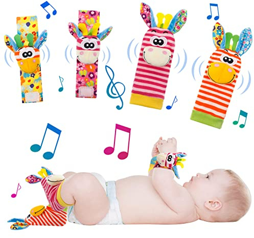 KroY PecoeD Bébé Poignet et Chaussettes Hochet, 4 Pcs Hochet Bebe Bell Strap Poignet et Pied Finder Jouets d'éveil pour Tout-petits Garçons Filles Développement Sensoriel Cadeau