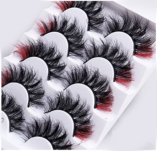 Colored Lashes, 5D False Lashes with Color Faux Mink Eyelashes Wispies Fluffy Colored Eyelashes Dramatic Strip Lashes for Christmas Cosplay Costumes Fake Eyelashes 5 Pairs Pack