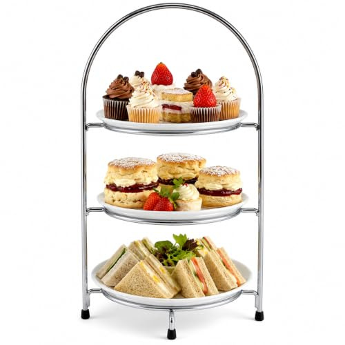HTUK® Présentoir à thé pour assiettes à 3 étages en fil chromé