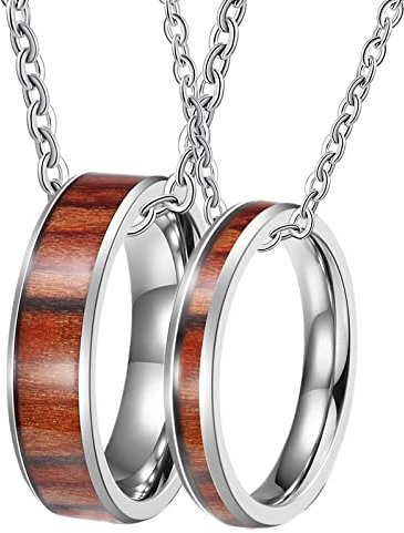 Beydodo Partner Kette Personalisiert, Halskette Edelstahl 60CM mit Anhänger Ring 4MM 6MM mit Holz Paar Kette für Sie und Ihn