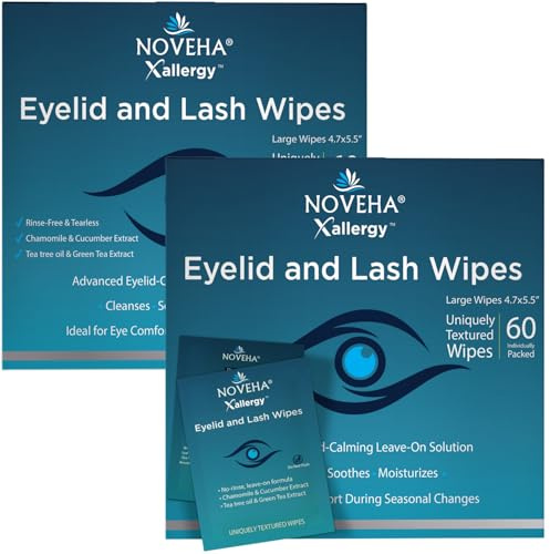 NOVEHA 120Pcs Allergy Relief Eyelid Wipes | Pre-moistened Hypoallergenic Eye Cleansing Pads, Reduce Itchiness, Redness & Discomfort Caused By Allergy, Clean, Soothe & Remove Debris (2 Pack)
