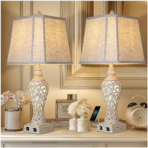LuxSight Collection 28.5 Table Lamps Set of 2 - Bedside Lamp with Fabric Shades - for Bedroom and Living Room with USB and Nightlight - Perfect for Nightstands and Bedrooms