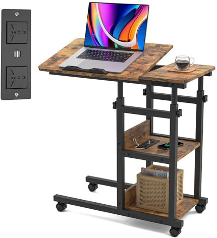 PIPIPOXER Beistelltisch mit Rollen, 80cm x 40 cm Sofatisch Rollen mit Steckdose & USB, Laptoptisch Höhenverstellbar 64-95cm Schreibtisch aus Holz, Laptoptisch mit Rollen 360 Drehbaren Beistelltisch