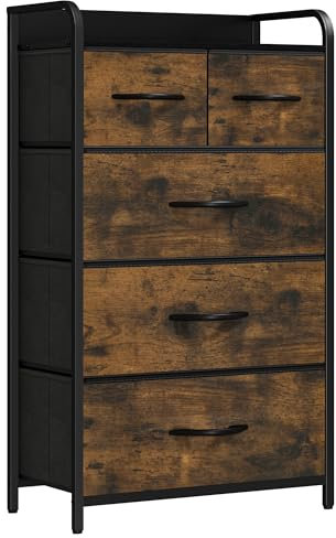 YITAHOME Chest of Drawer with 5 Drawers for Bedroom Fabric Dresser Storage Drawers With Handles Metal Frame for Living Room, Hallway,Rustic Brown