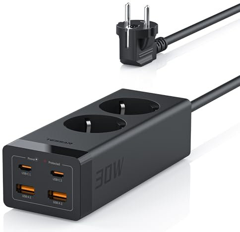 TESSAN Multiprise USB C PD 30W, GaN Charge Rapide, Prise Multiple avec 4 Ports, 2 Prises et Rallonge Electrique 2M, Parafoudre 3600W 16A, 6 en 1 Bureau, Noir