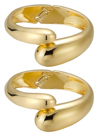 Emibele Gold Breit Manschette Armband Stack, 18K vergoldet Offener Armreif Armband, Teardrop Scharnier Handgelenk Chunky Armband Set für Frauen, Nicht Anlaufen Schmuck Geschenk, 2 Pack