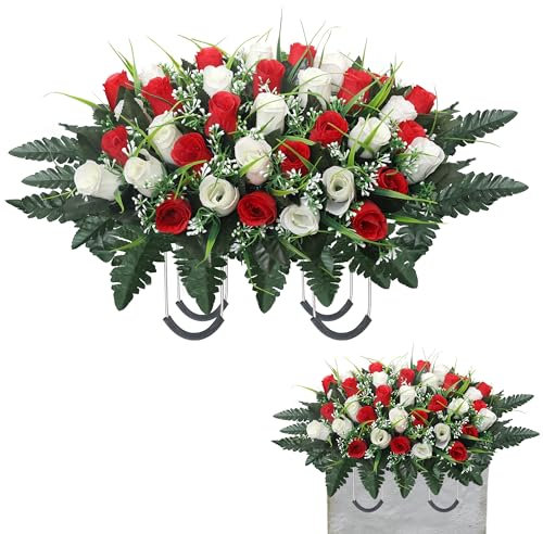 Lodou Cemetery Flowers for Grave,Headstone Flower Saddle,Flowers for Cemetery Grave Decoration Headstone Flower Saddle for Headstone Decoration (Red White)