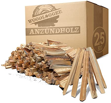 Woodlogger Anzündholz 25 KG - trockenes Anmachholz 18 cm - ofenfertiges Anfeuerholz für Kaminofen, Lagerfeuer, Feuerschalen und Grill - sauberes Holz für Grill & Ofen - hochwertige Kaminanzünder