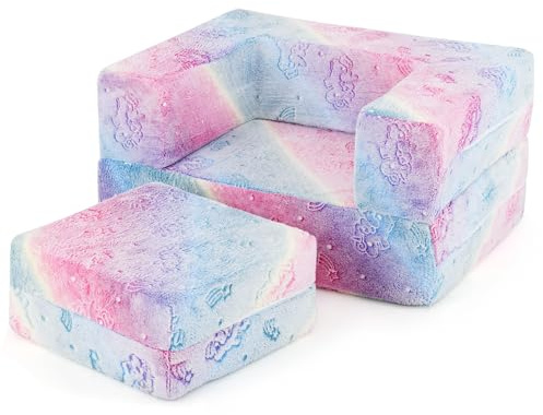 COSTWAY Divano Pieghevole per Bambini 5 in 1 Brilla al Buio, Poltrona Modulare con Cuscino, Fodera Lavabile in Lavatrice e Riempimento in Schiuma (Unicorno Arcobaleno)