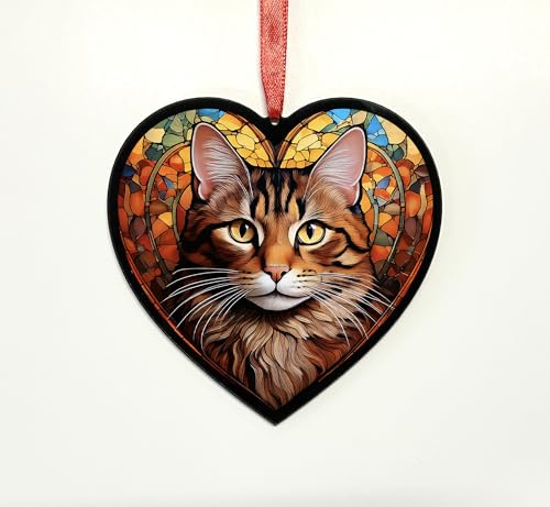 Tabby Cat Heart Suncatcher - Memorial or Gift for Cat Lovers - 13cm