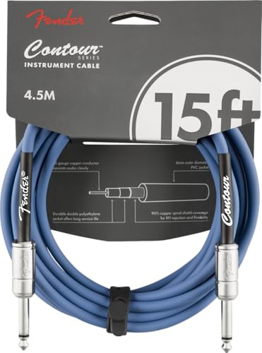 Fender Contour Instrument Cable, Guitar Cable 15ft, Lake Placid Blue | Straight/straight, nickel-plated 1/4 jacks, 90% oxygen-free copper shielding, low noise, electric guitar