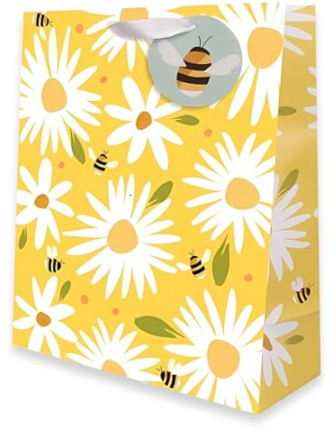 AKH® Oster-Geschenktüte, 23 cm x 18 cm x 10 cm, mittelgroße Geschenktüte mit Osterhasen-Motiv und Griffen, perfekt für Leckereien, Eiersuche und Partygeschenke, Blumengelb
