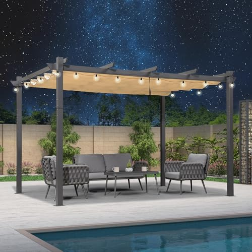 PURPLE LEAF Pergola Aluminium 3.3 x 4 m Wasserdicht Stabil Winterfest, Terrassenüberdachung Freistehend, Gartenpavillon mit LED Lichterkette, Beige