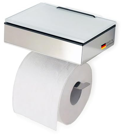 Toilettenpapierhalter mit Feuchttücherbox - Gehäuse Poliert & Abdeckung Glas Weiß- befüllbar von Rechts - Wandhalterung 2-in-1, Feuchttuchbox & Klopapierhalter aus Edelstahl, Made in Germany