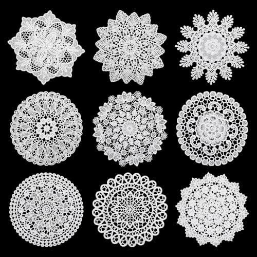 9 Pcs Cotton Lace Doilies Set - Vintage Handmade 6 Inch Round Crochet Placemats, Elegant Linen Cloth Coasters for Table Centerpiece, Kitchen Dining Room Decor, Wedding Birthday Party Supplies