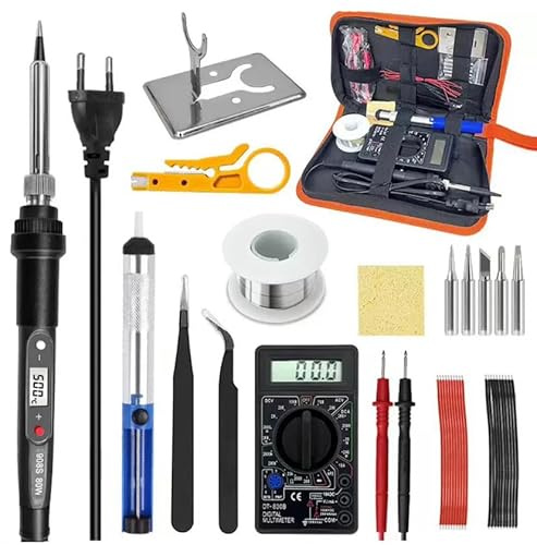 Fer à Souder Kit, 80W Température Réglable avec Multimètre Numérique 180~500℃ Électrique de Precision avec fil à souder, 5 Pointe de Soudage, Pompe à Dessouder